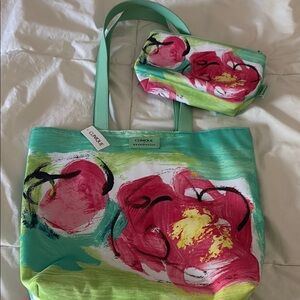 Clinique Teal Canvas Tote with Pink Floral Print and Matching Pouch